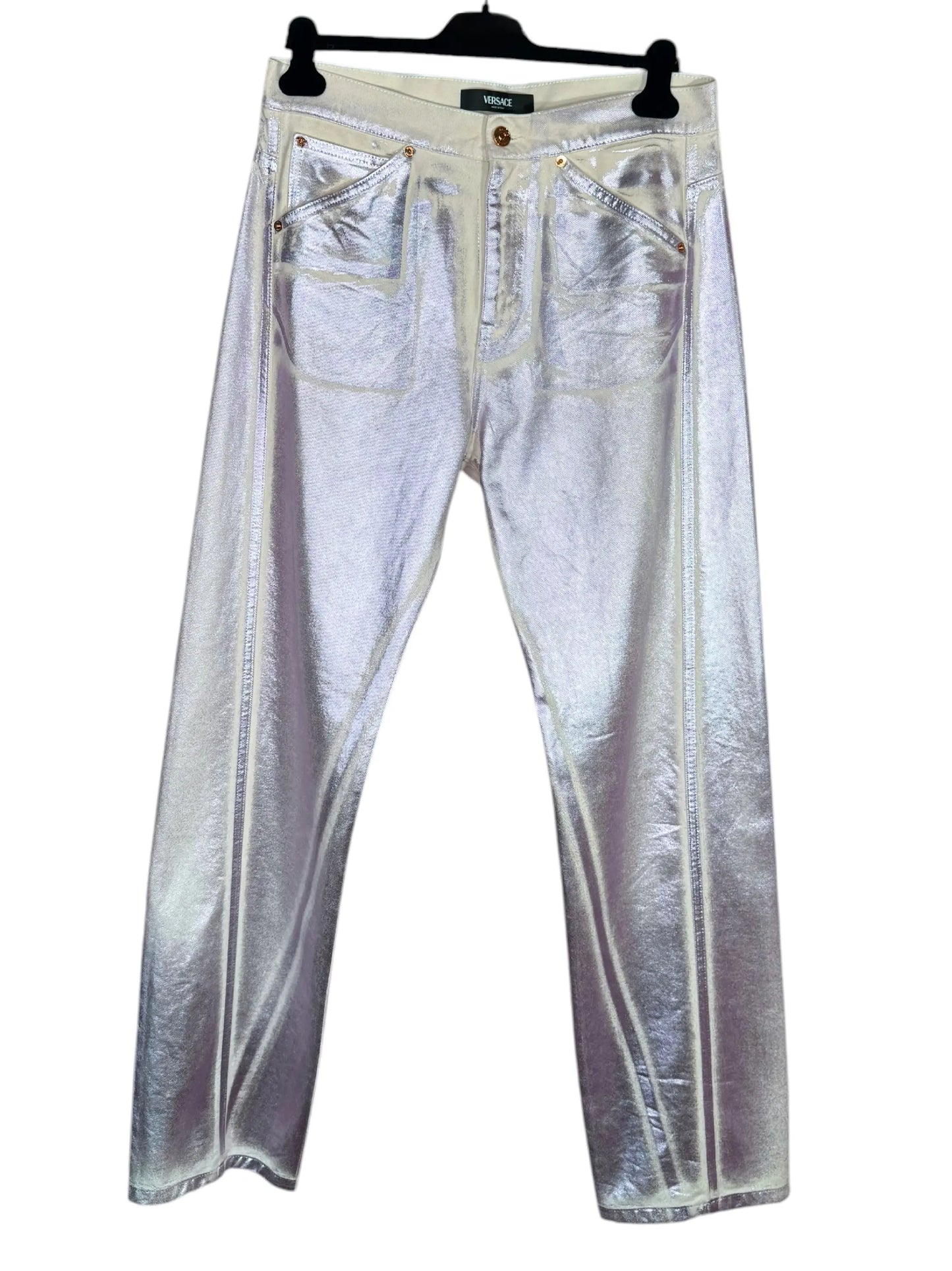 Versace jeans iridescenti Medusa denim metallizzato Made in Italy taglia 32