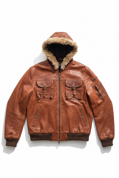 Giacca pelle vera con cappuccio e pelliccia - Made in Italy