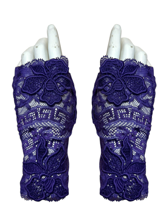 Guanti pizzo viola Versace – Ricamo floreale – Taglia 7,5 (M) Made in Italy
