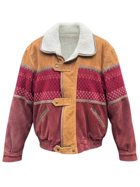 Giacca shearling vintage patchwork pelle scamosciata foderata montone taglia 46