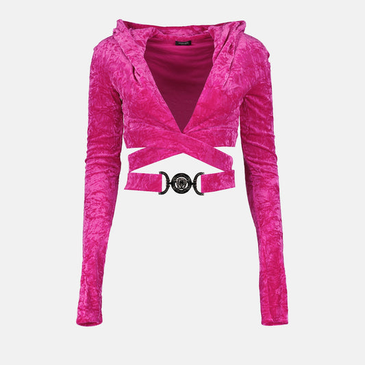 Versace top corto rosa con cappuccio e cintura Medusa - taglia 38 IT