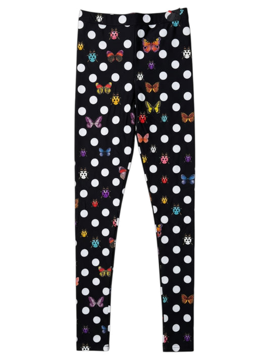 Leggings Versace Dua Lipa neri a pois con farfalle e coccinelle taglia 36