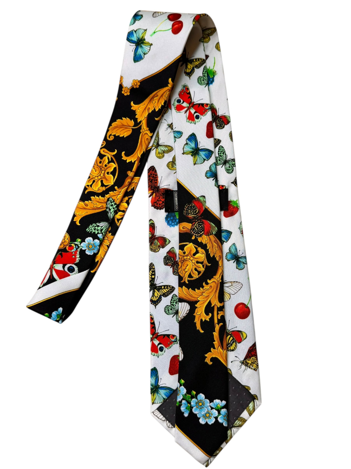Cravatta Gianni Versace Vintage Seta Farfalle e Frutta Stampa Iconica — foto 3