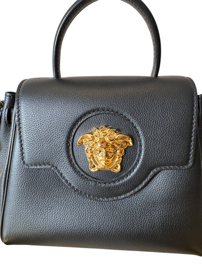 Versace Mini Borsa Medusa in Pelle Nera con Tracolla a Catena Oro - Made in Italy