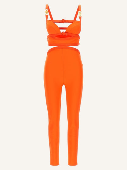 Jumpsuit Versace Cut-Out Arancione Fluo, Dettagli Medusa, Taglia 42