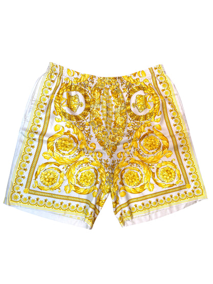 Shorts Versace in seta stampa barocca oro su bianco, nuovi con cartellino