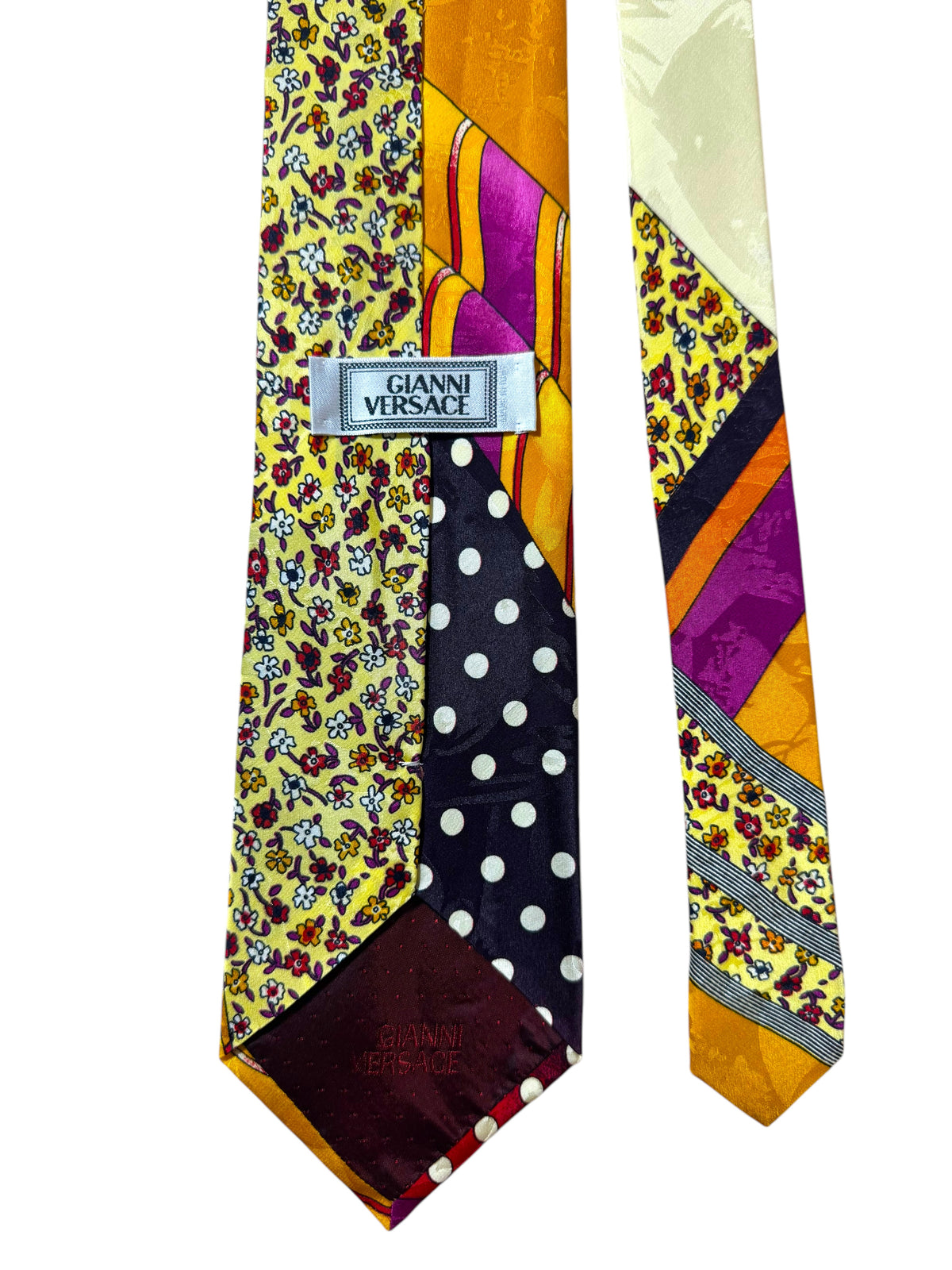 Cravatta vintage Gianni Versace in seta multicolor patchwork floreale e pois — foto 5