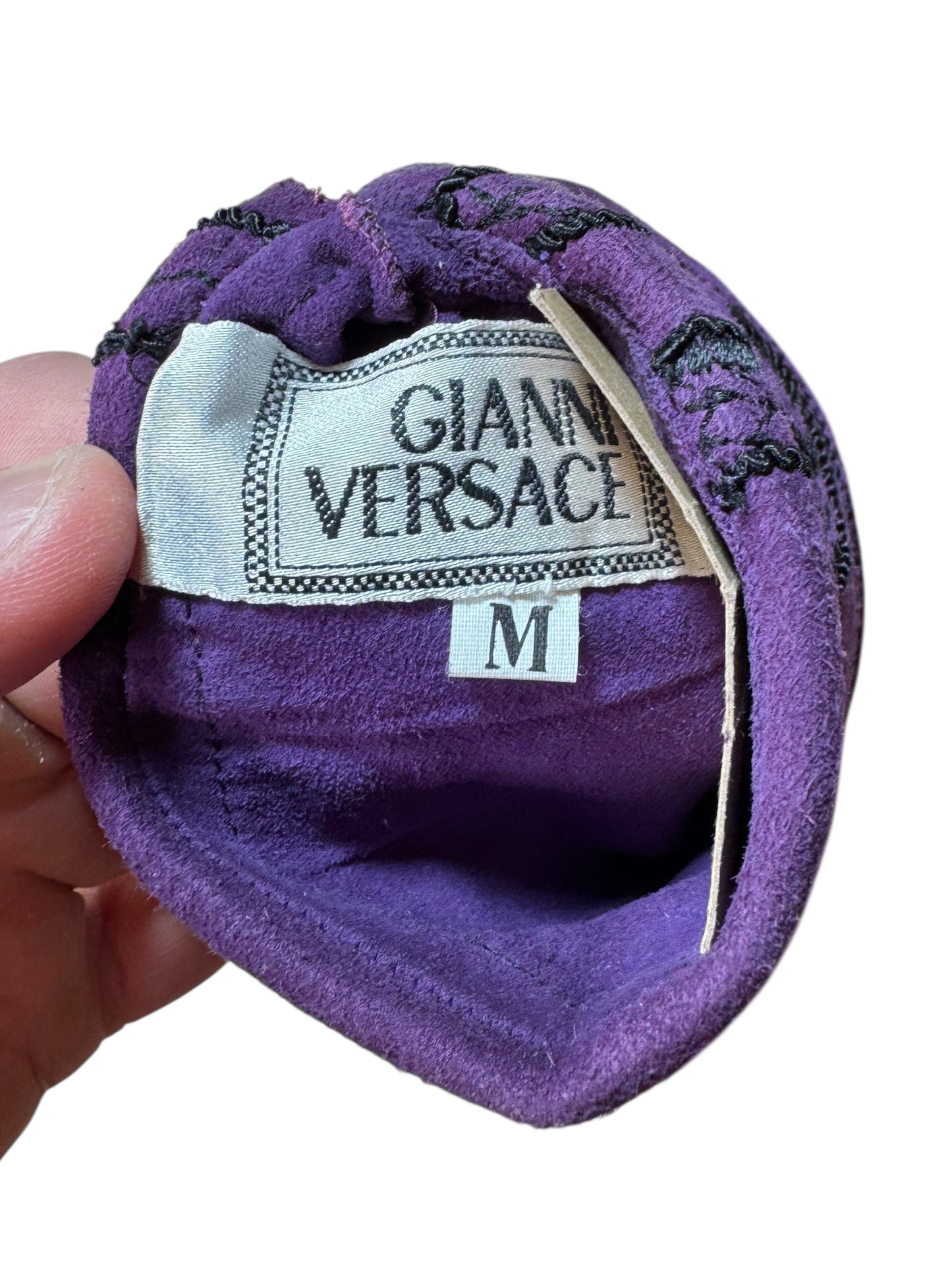 Guanti Gianni Versace vintage viola in suede ricamato, taglia M