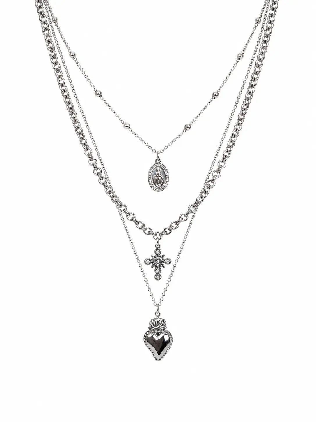 Collana multistrato argentata con cuore sacro e croce