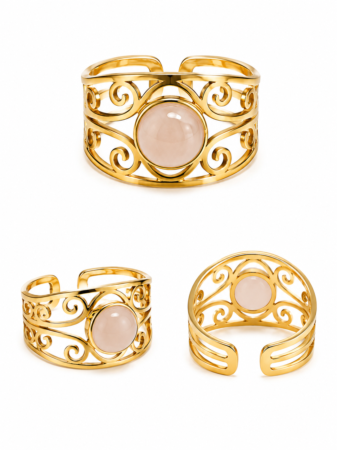 Anello regolabile dorato con cabochon rosa e arabeschi