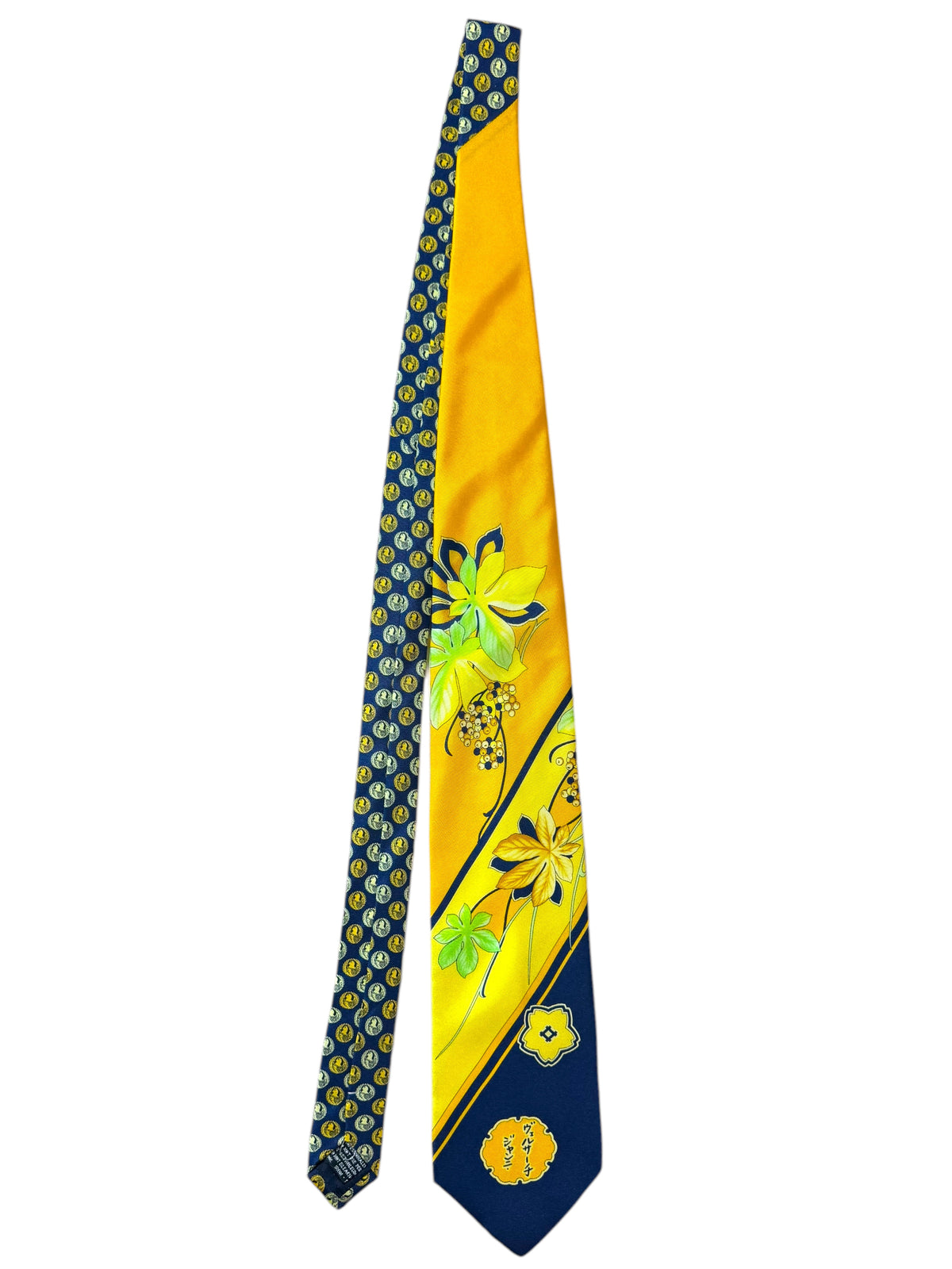 Cravatta Gianni Versace Vintage in Seta – Floreale Giallo e Blu con Scritte Giapponesi