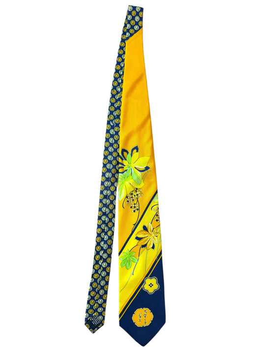 Cravatta Gianni Versace Vintage in Seta – Floreale Giallo e Blu con Scritte Giapponesi