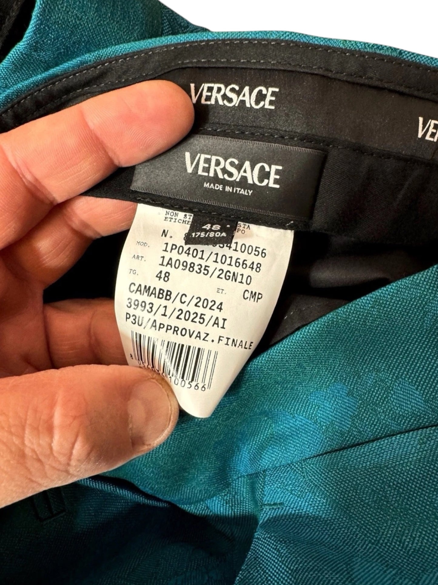Pantaloni Versace turchesi in jacquard barocco - Taglia 48.