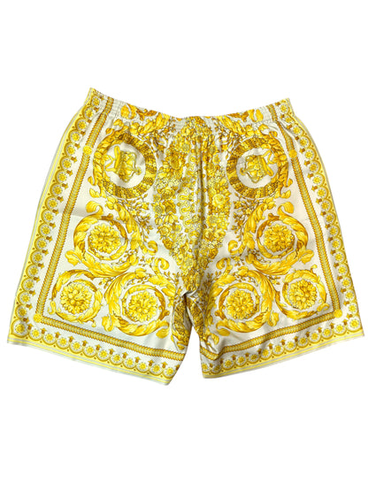 Shorts Versace in seta stampa barocca oro su bianco, nuovi con cartellino