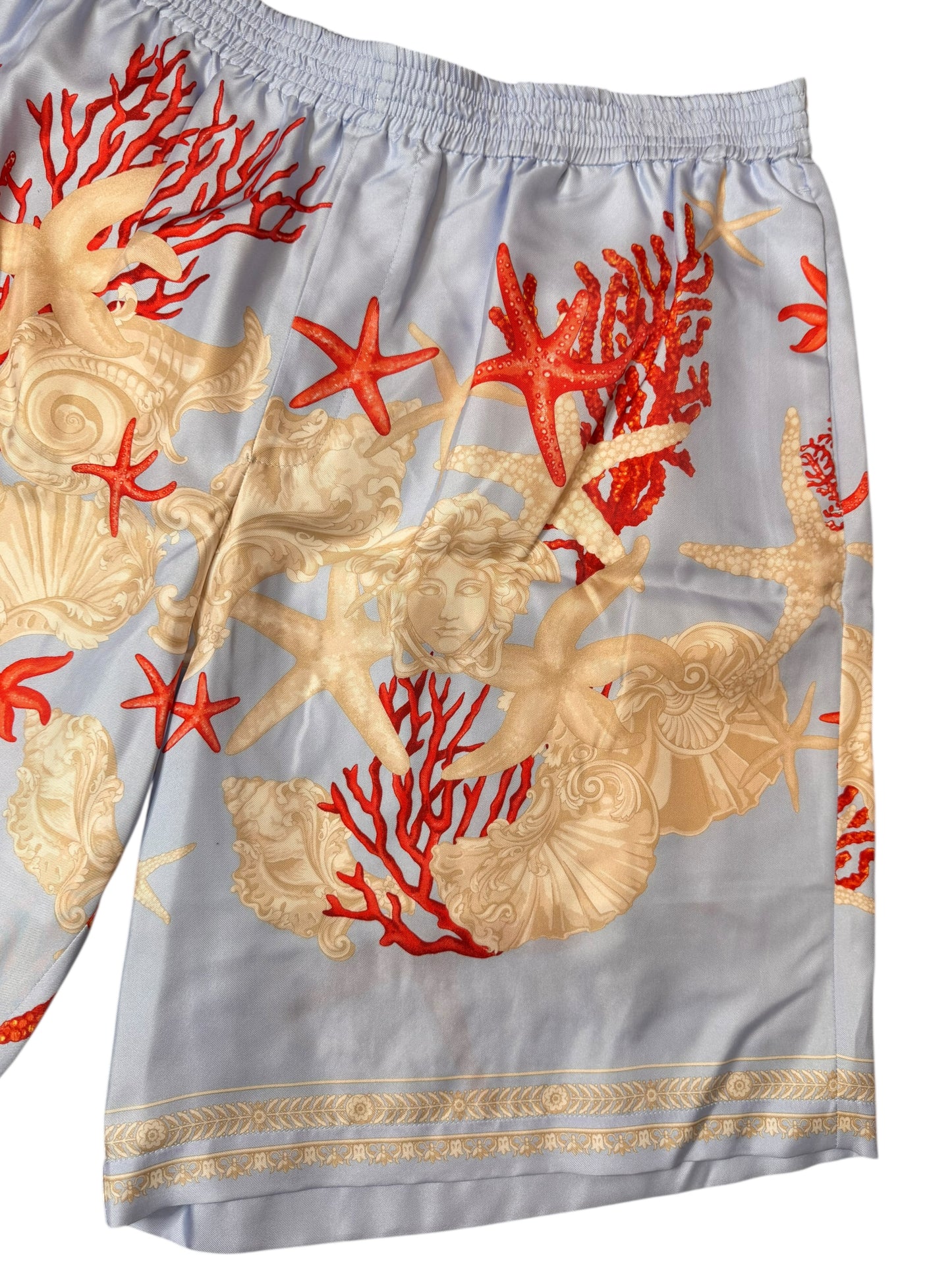 Shorts Versace in seta stampa marina azzurro, nuovi con cartellino