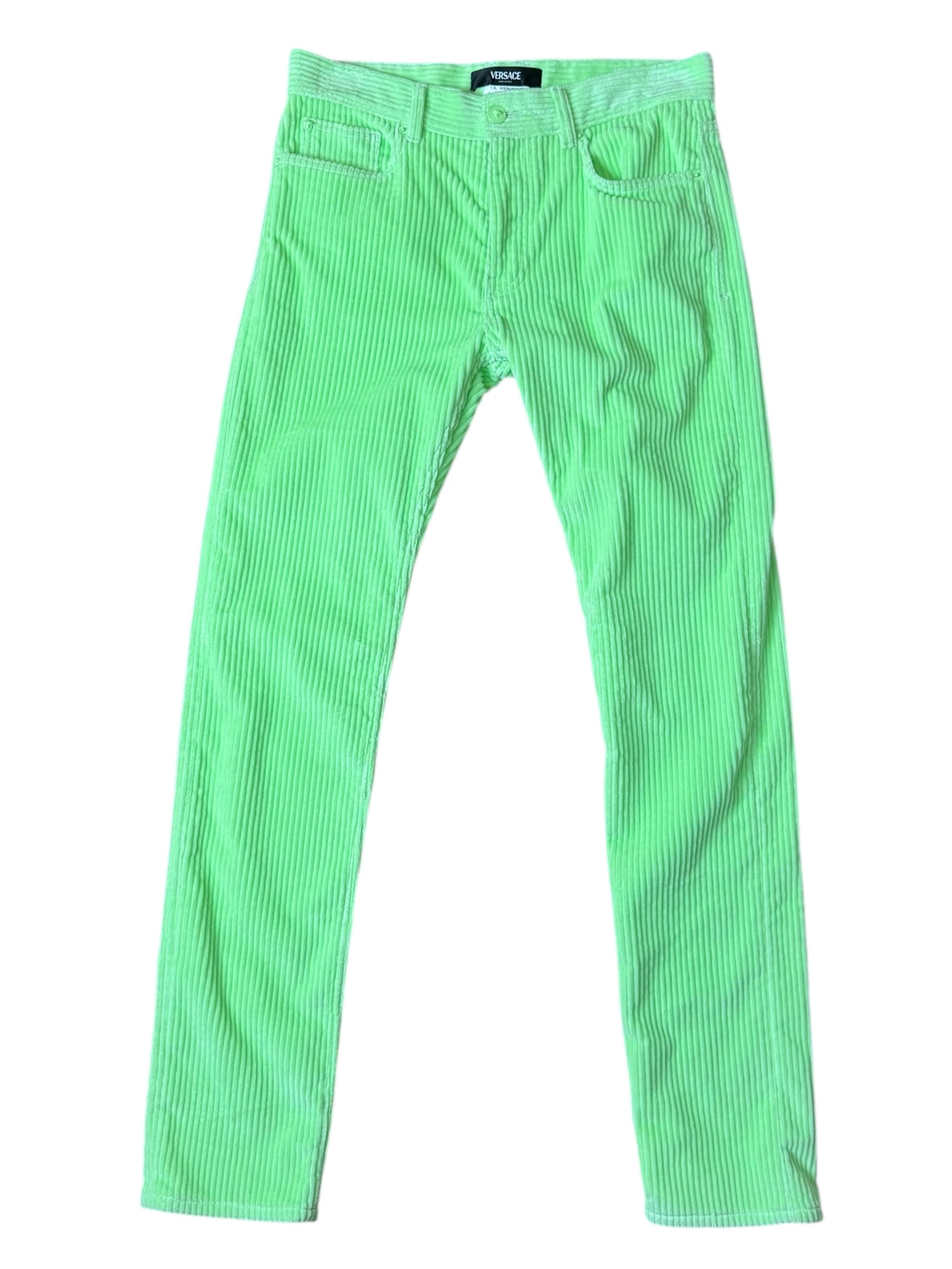 Versace completo giacca e pantaloni in velluto a coste verde lime Made In Italy.