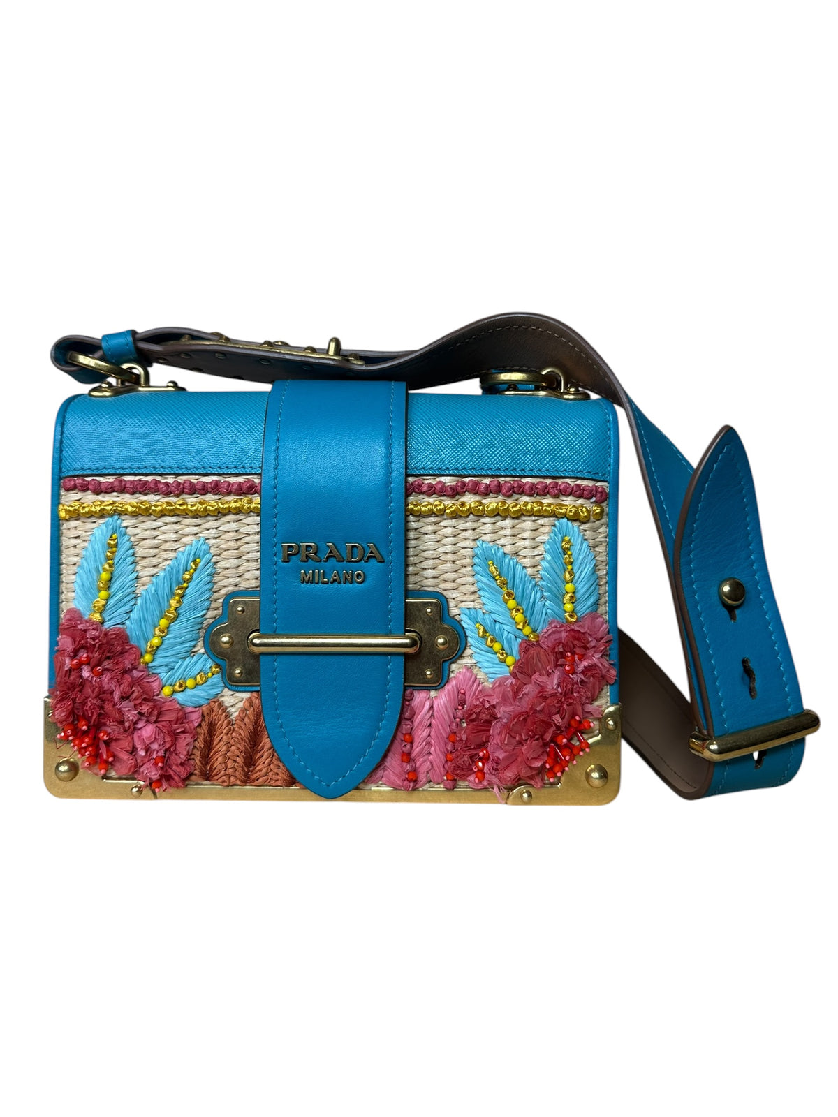 Prada borsa Cahier in pelle e raffia