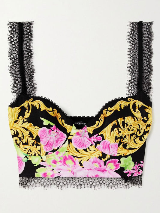 Top corsetto Versace floreale Barocco in seta con pizzo – Taglia IT 46