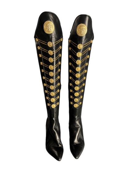 Stivali Gianni Versace Couture FW 1993 Medusa Leather Boots 38.5 Vintage