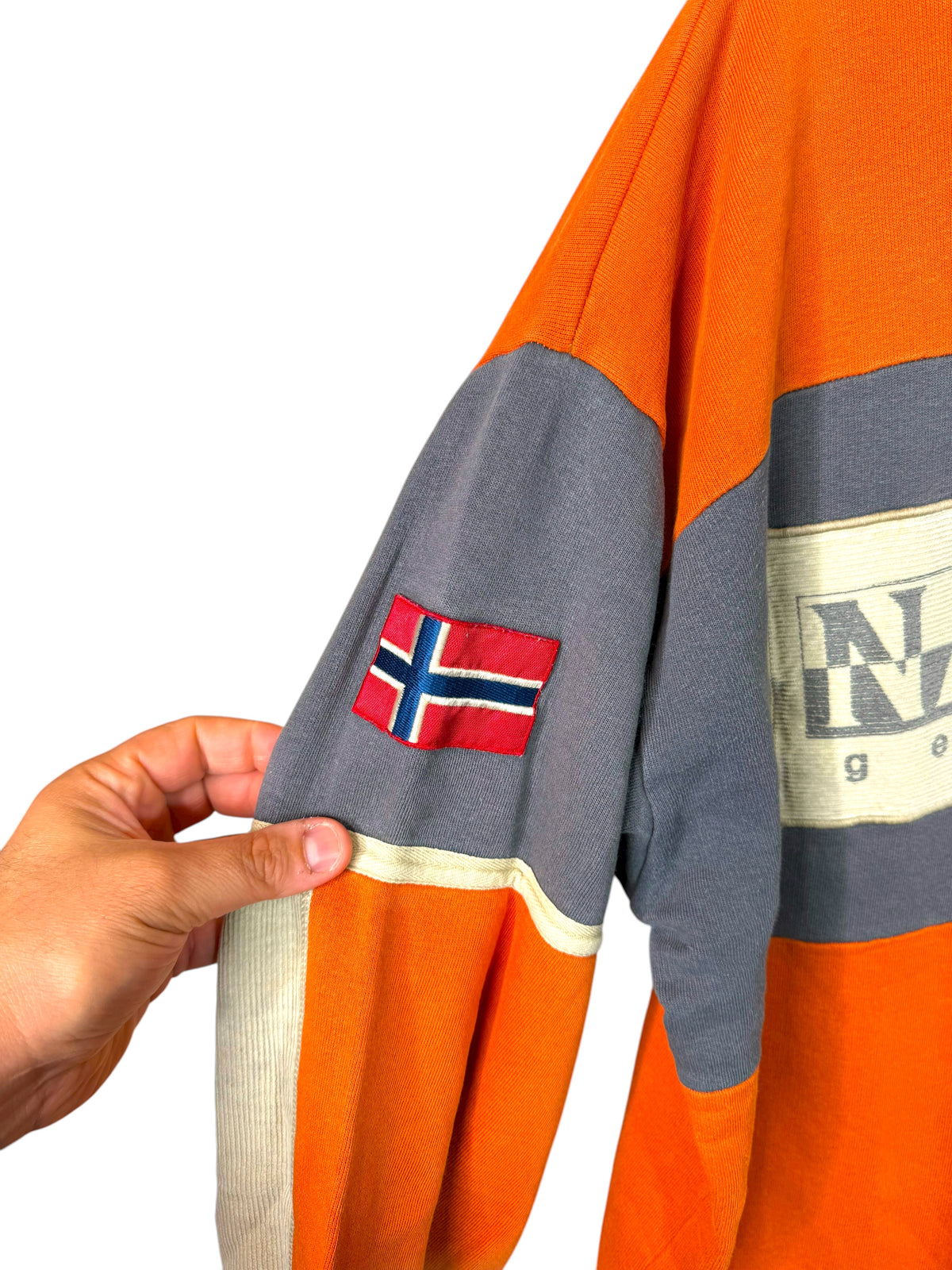 Felpa vintage Napapijri Geographic arancione/grigia con logo frontale Taglia L — foto 4
