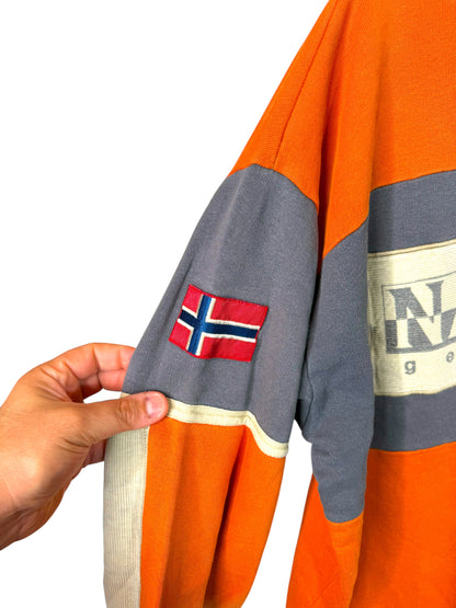 Felpa vintage Napapijri Geographic arancione/grigia con logo frontale Taglia L