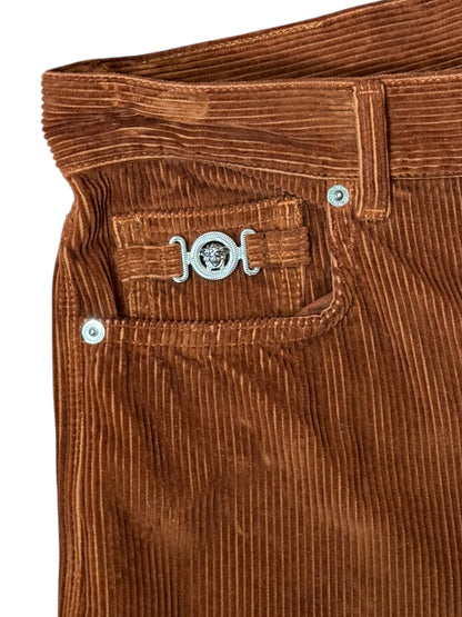 Pantaloni uomo Versace in velluto a coste marrone con logo Medusa – Taglia 32.