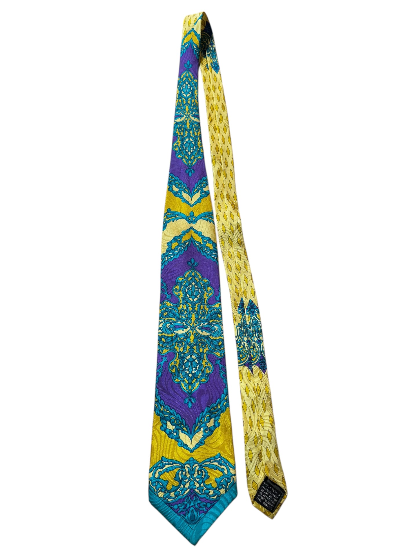Cravatta Gianni Versace vintage seta stampa barocca giallo viola turchese
