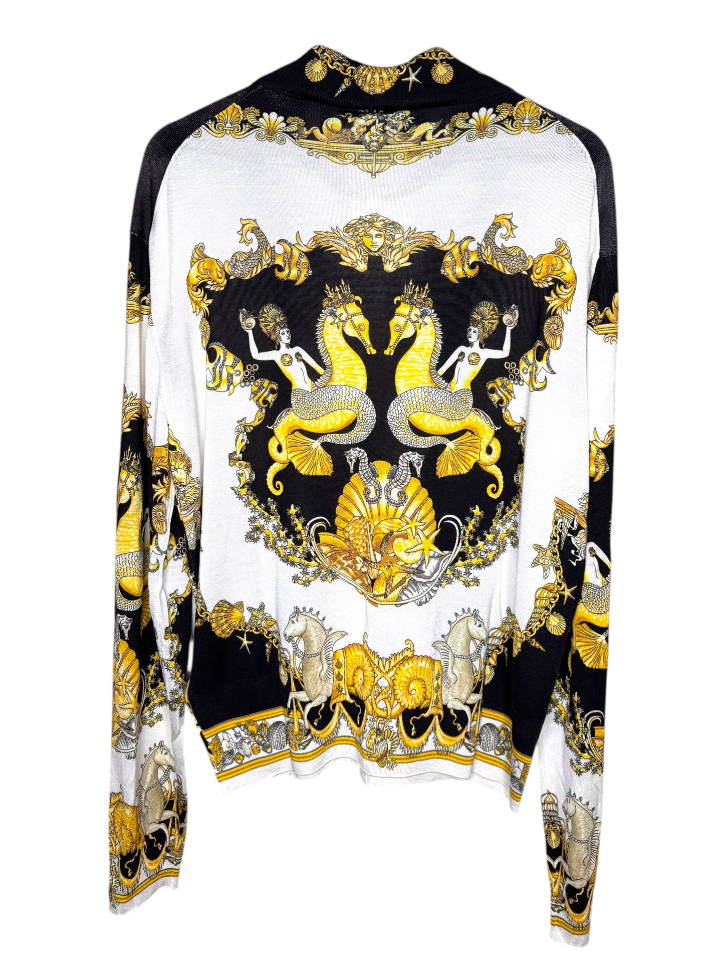 Camicia Versace in seta a maglia stampa barocca marina Made in Italy