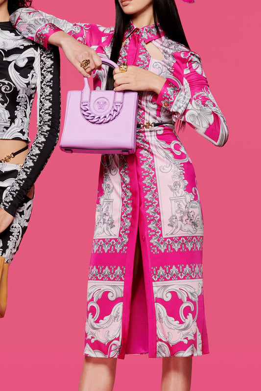 Abito chemisier Versace barocco rosa/fucsia stampa cherubini TG 40 – Nuovo