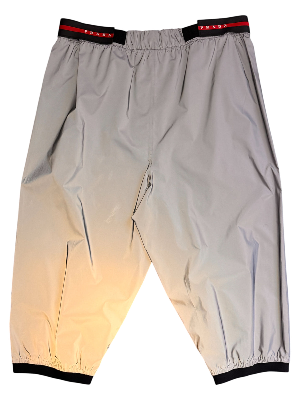 Prada pantaloni sportivi nylon grigio bande nere logo rosso tg 48 — foto 2