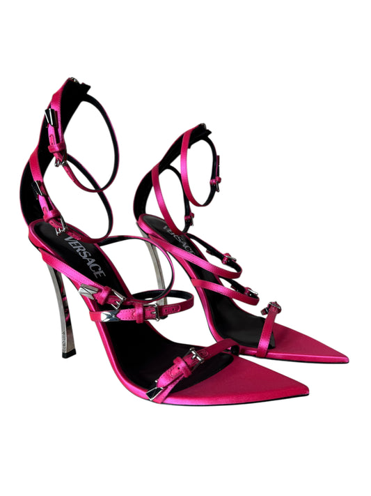 Sandali donna Versace satinati fucsia con tacco a spillo in metallo – Taglia 40