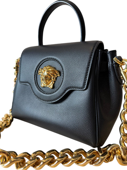 Versace Mini Borsa Medusa in Pelle Nera con Tracolla a Catena Oro - Made in Italy