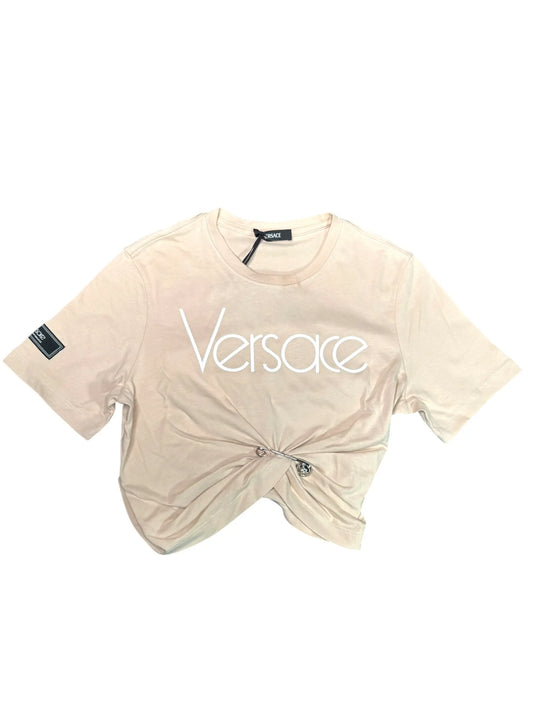 T-shirt Versace logo beige con spilla decorativa taglia 38
