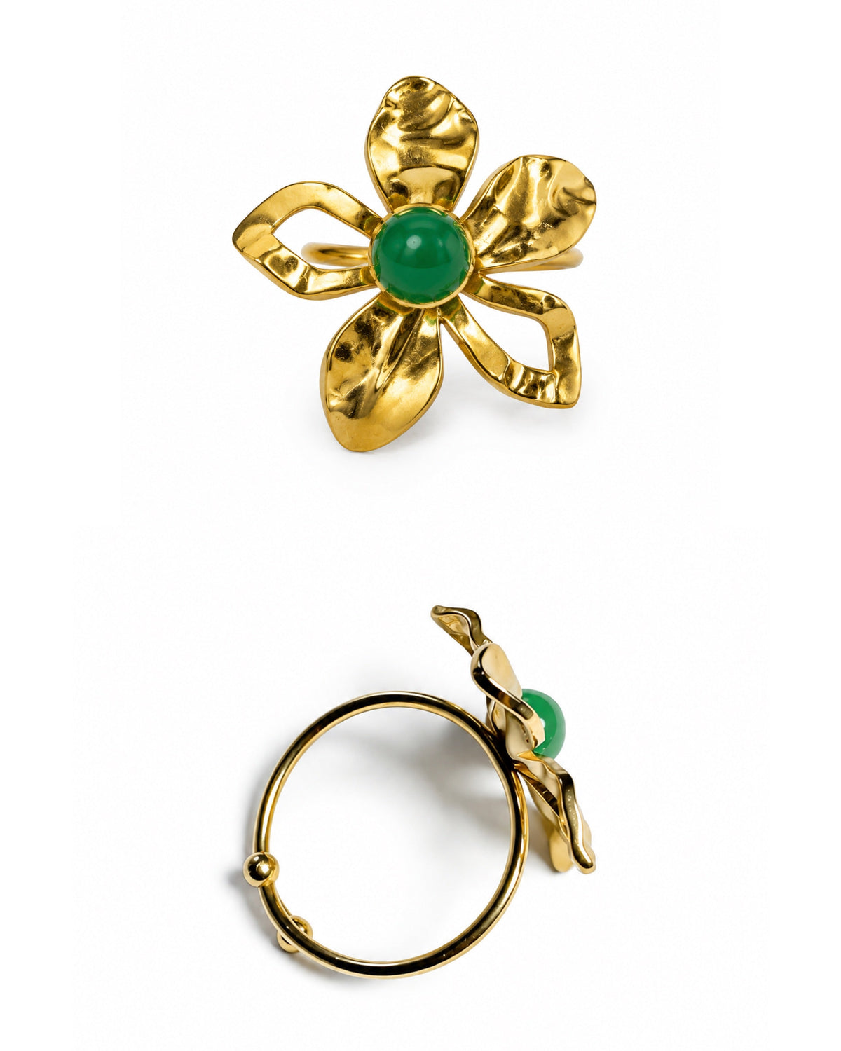 Anello regolabile dorato a fiore con cabochon verde