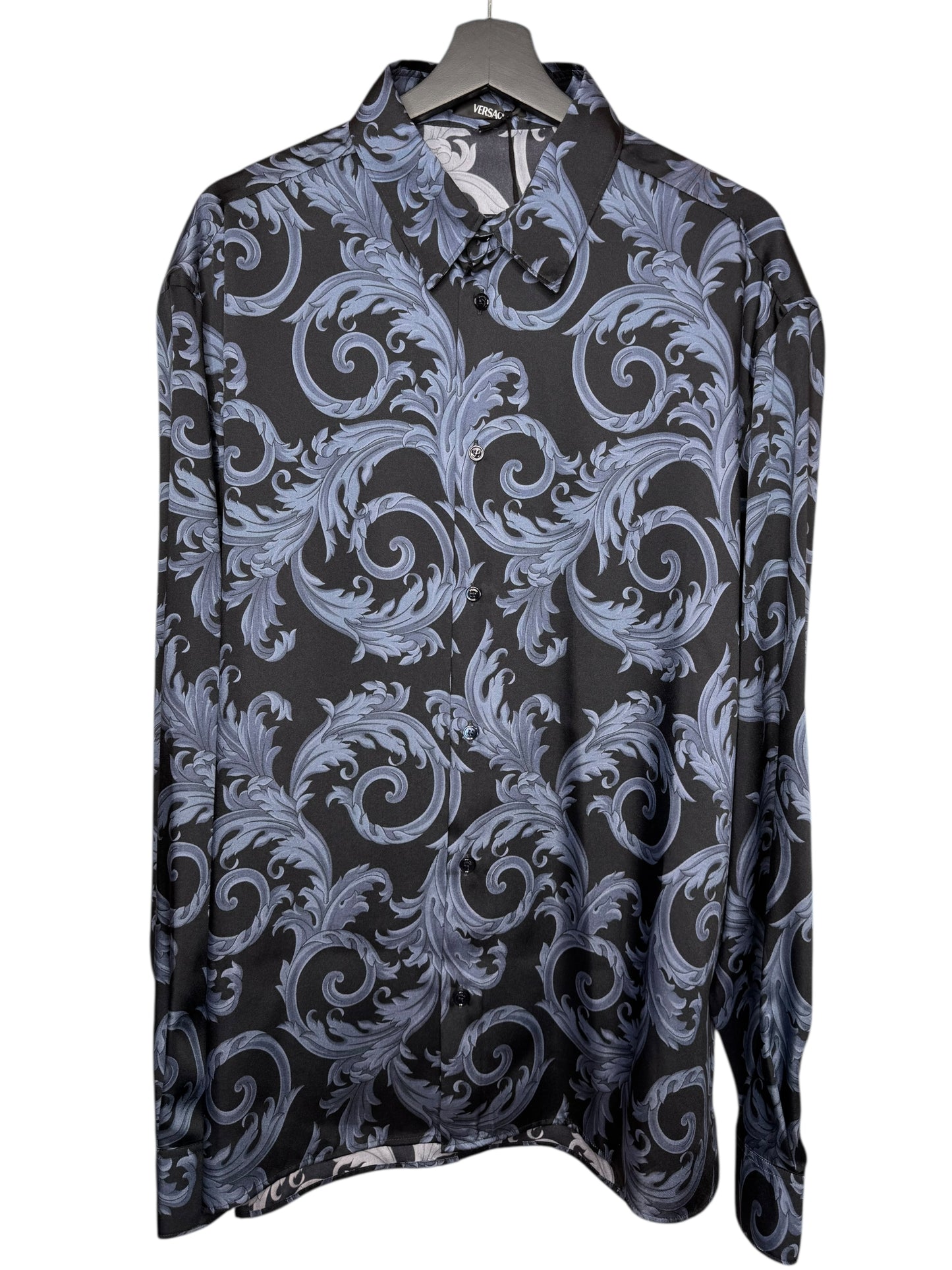 Camicia Versace barocca nera e blu in twill – Taglia 58
