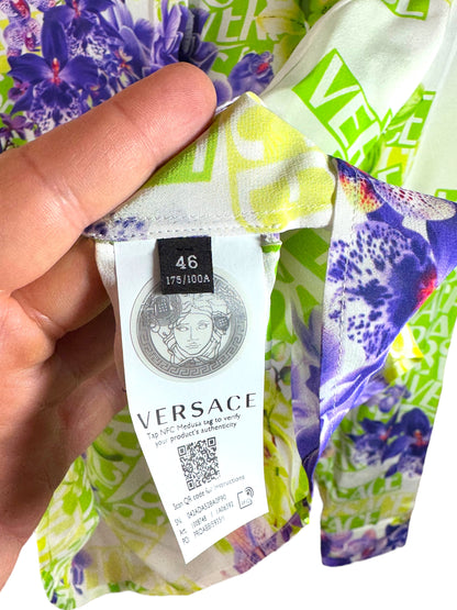 Camicia donna Versace 100% seta stampa orchidee logo – Tg. 46