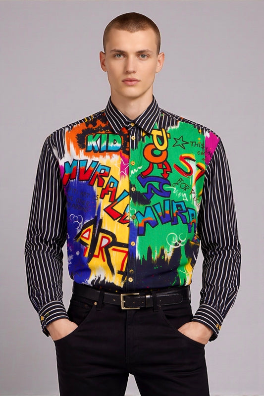 Versace Vintage Camicia Uomo Graffiti Multicolor a Righe Taglia S