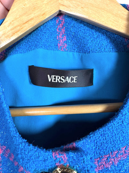 Giacca Versace lana lurex quadri Medusa blu rosa nuova taglia 50