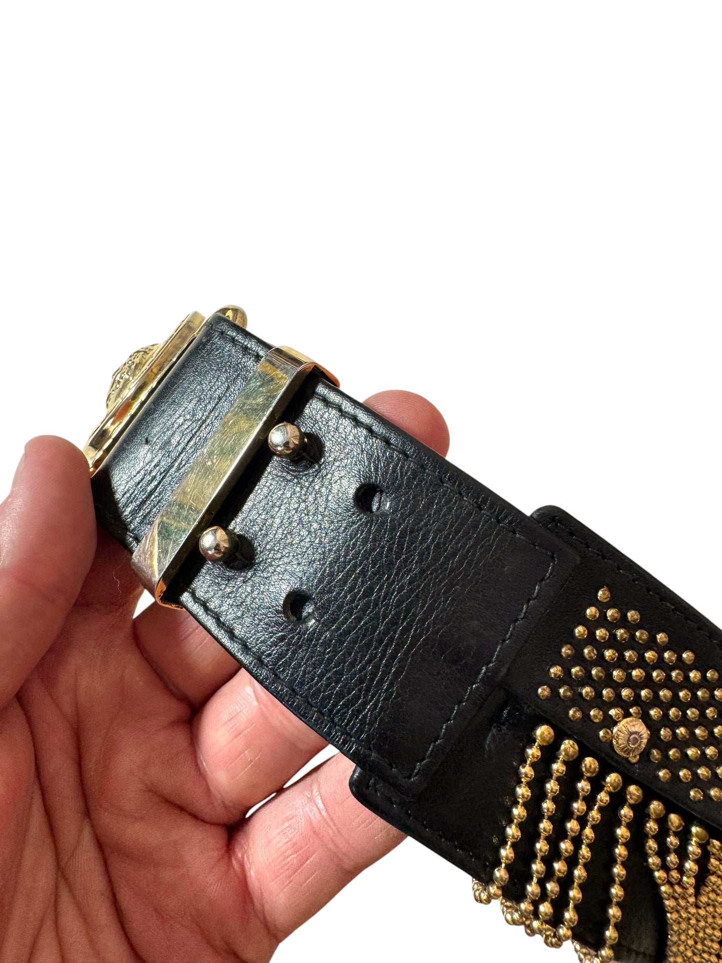 Gianni Versace Cintura Vintage Anni ‘90 in Pelle con Medusa e Frange Dorate