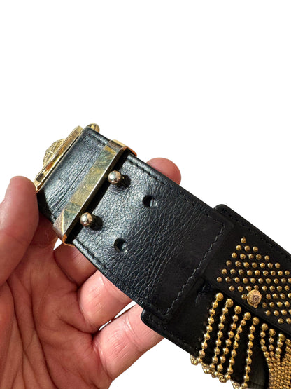 Gianni Versace Cintura Vintage Anni ‘90 in Pelle con Medusa e Frange Dorate