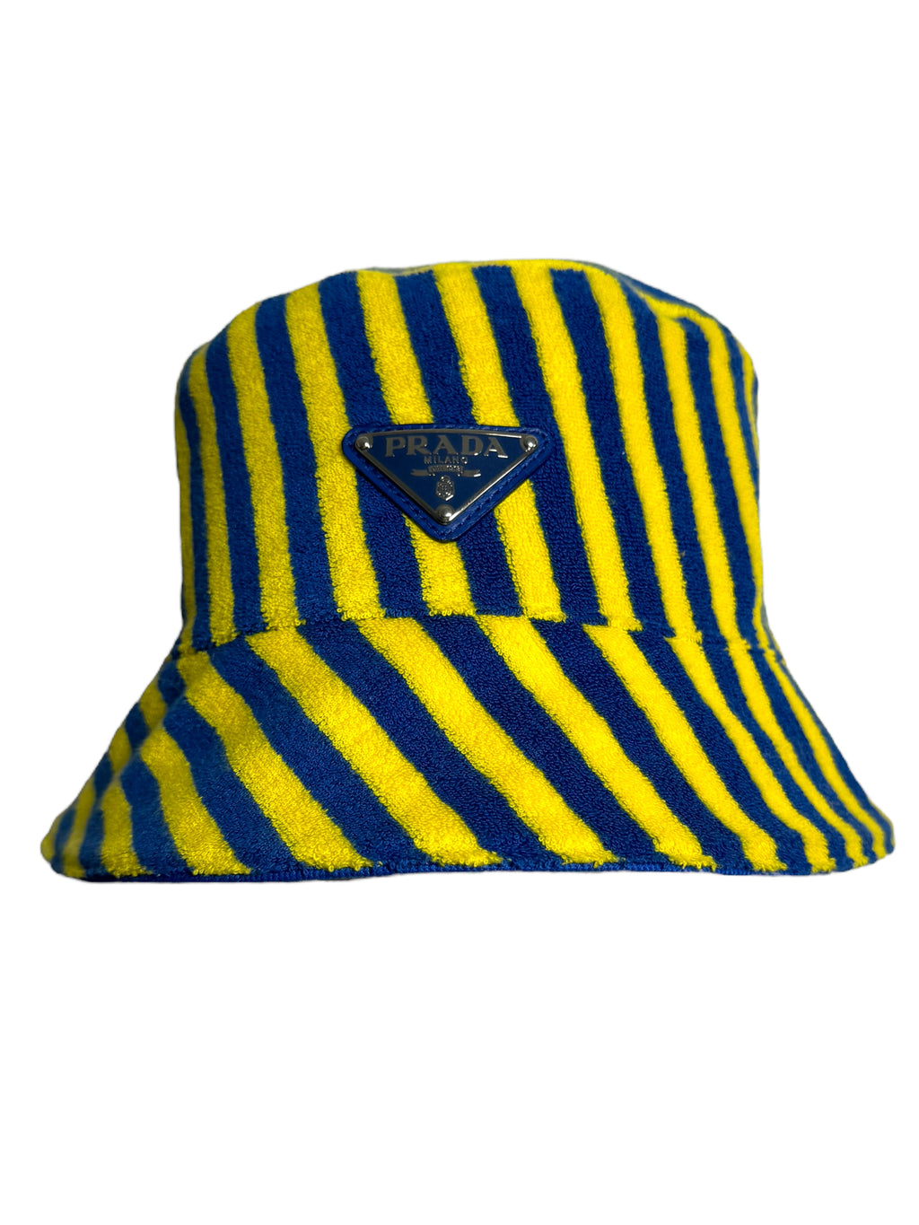 Prada cappello bucket in spugna rigata blu e giallo con logo triangolo