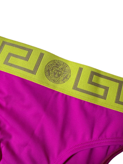 Slip bikini donna Versace fucsia con fascia Greca gialla/oro - Taglia 1 (XS) - Made in Italy