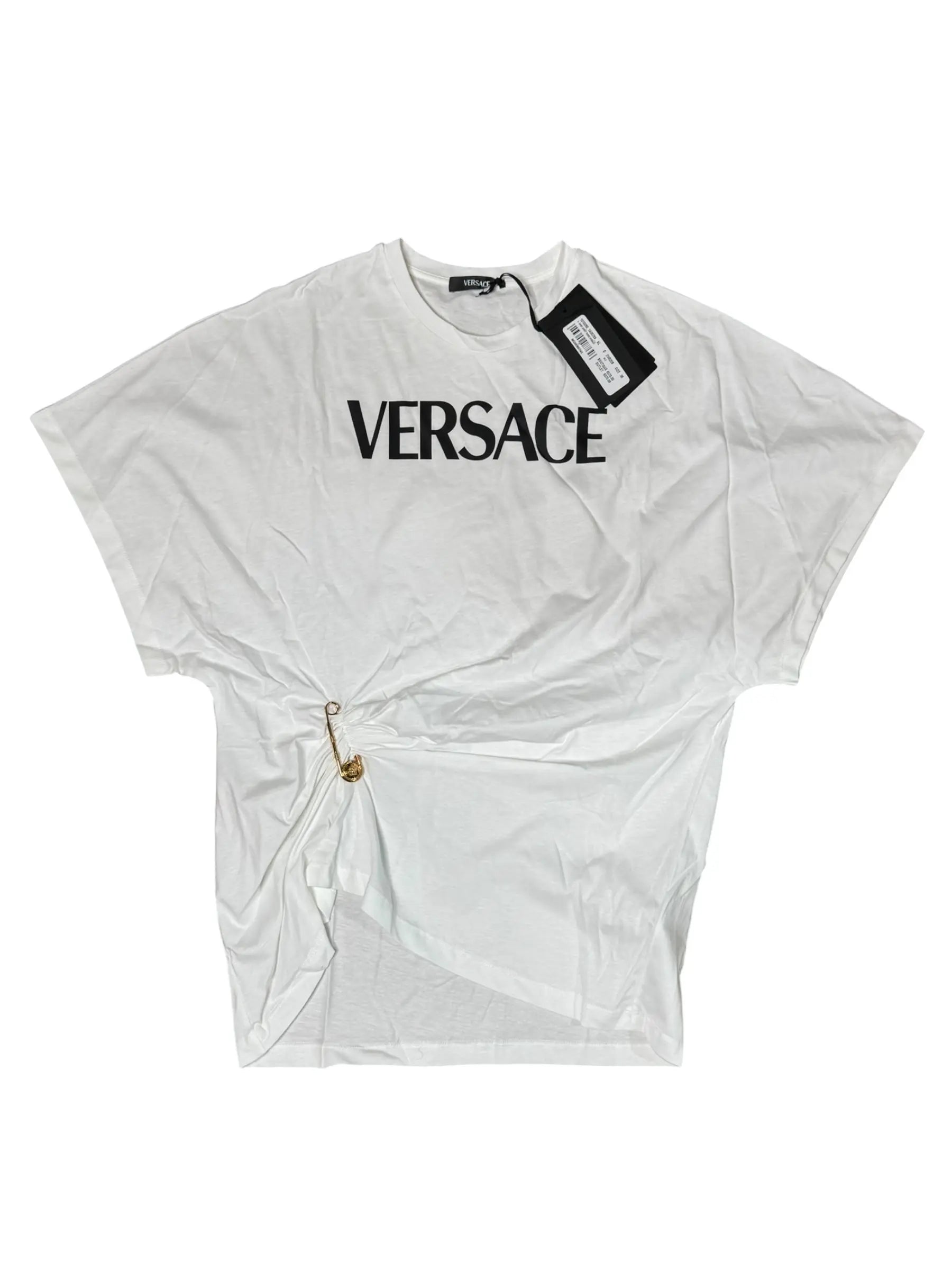 T-shirt Versace bianca logo nero con spilla taglia 38 oversize