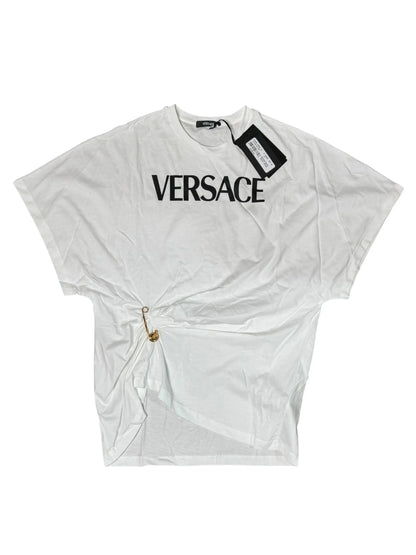 T-shirt Versace bianca logo nero con spilla taglia 38 oversize