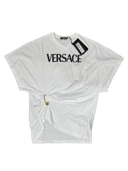 T-shirt Versace bianca logo nero con spilla taglia 38 oversize