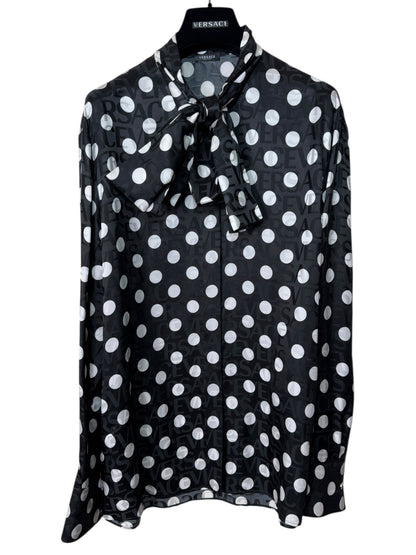 Camicia Versace pois con fiocco e logo jacquard nero bianco TG 38