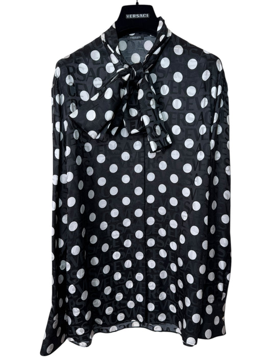 Camicia Versace pois con fiocco e logo jacquard nero bianco TG 38
