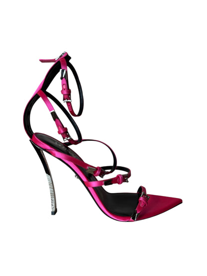 Sandali donna Versace satinati fucsia con tacco a spillo in metallo – Taglia 40