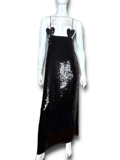 Abito lungo Gucci in seta con paillettes nere e dettagli cuore Made In Italy