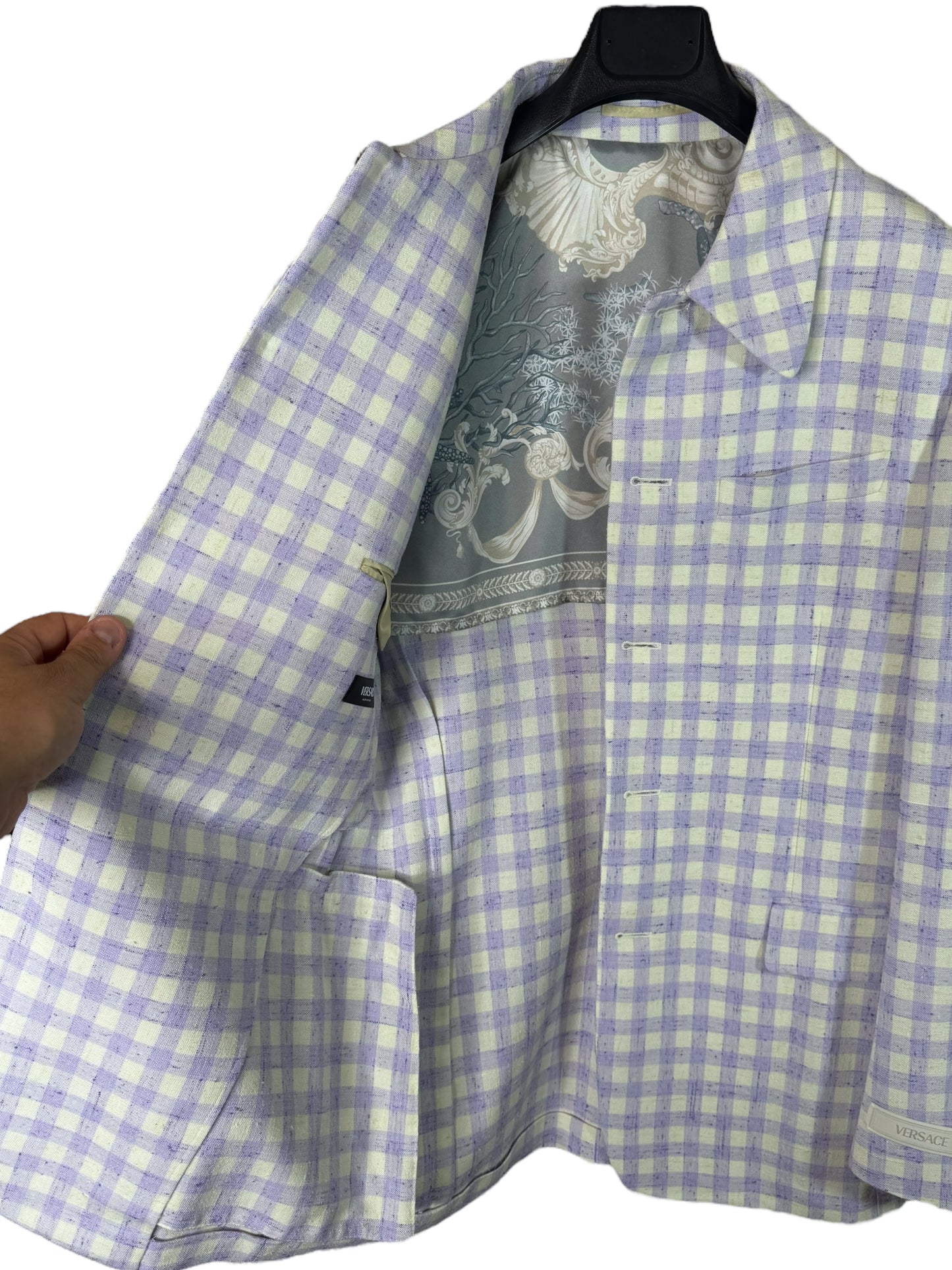Versace completo uomo giacca e pantalone a quadri lilla/avorio Tg. 48 Made in Italy